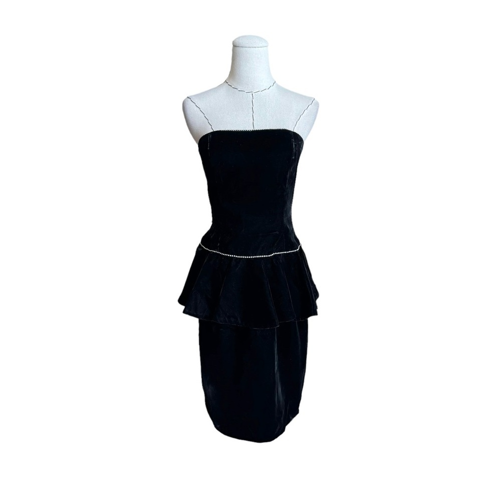 Vintage 80s A. J. Bari Black Velvet Peplum Rhinestone Strapless EveningDress